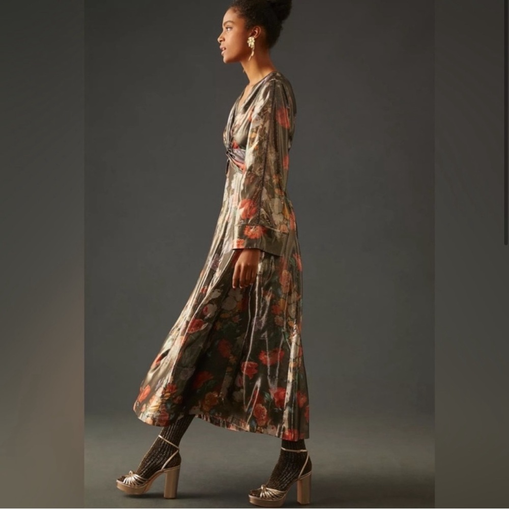 Anthropologie Caballero Deep V-Neck Floral Metallic Maxi Dress Small NWT